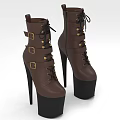 Brown High Heel Platform Boots With Lace Up Design And Metal Buckles