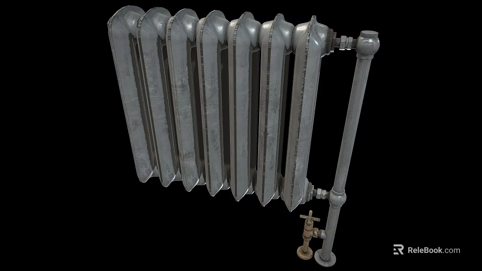 Traditional Cast Iron Radiator With Pipes And Control Valve 3d model 