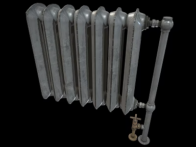 Traditional Cast Iron Radiator With Pipes And Control Valve 3d model