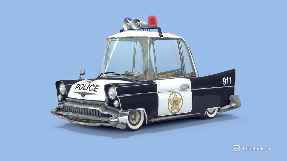 Classic Police Car With Red Blue Lights 911 Number And Badge Design 3d model 
