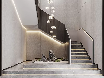 Modern Luxury Staircase Interior Design With Elegant Lighting And Marble Steps 3d model