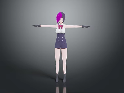 Woman with purple black hair wearing white top dark shorts red bow tie arms outstretched 3d model