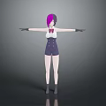 Woman with purple black hair wearing white top dark shorts red bow tie arms outstretched