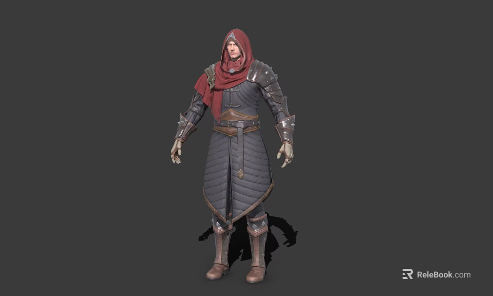 Game Movie Character Wearing Red Hooded Scarf And Dark Armored Outfit With Leather Details 3d model 