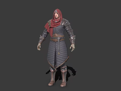 Game Movie Character Wearing Red Hooded Scarf And Dark Armored Outfit With Leather Details 3d model