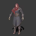 Game Movie Character Wearing Red Hooded Scarf And Dark Armored Outfit With Leather Details 3d model
