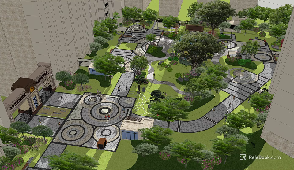 Residential Landscape Design With Curved Pathways Circular Pavements Green Lawns And Trees 3d model 