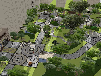 Residential Landscape Design With Curved Pathways Circular Pavements Green Lawns And Trees 3d model