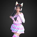 Woman Wearing Pink Top With Black Heart Design Cat Ears Headphones And Pink Plaid Skirt
