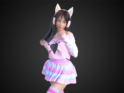 Woman Wearing Pink Top With Black Heart Design Cat Ears Headphones And Pink Plaid Skirt 3d model