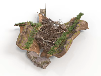 Modern Natural Landscape Model With Rocks Twigs Grass And Wooden Bridge 3d model