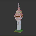 Cartoon Scene White Multi Level Tower With Purple Windows And Green Base 3d model
