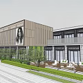 Modern Exterior Sales Office Building With Green Plants Plaza And Sidewalk