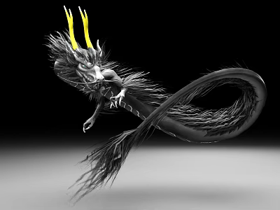 Realistic 3D Black Dragon Model With Yellow Horns And Long Curved Tail 3d model