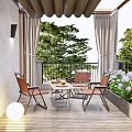 Cozy Home Balcony With Outdoor Chairs Coffee Table Flower Plants And Curtain Decorations