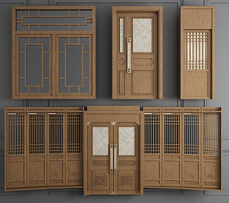 New Chinese style double door solid wood double door window combination 3d model