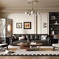 Classic Living Room Interior Design With Black Leather Sofa Coffee Table Chandelier And Decorative Paintings