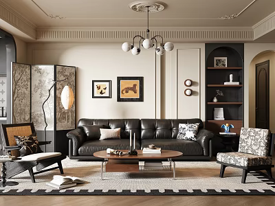 Classic Living Room Interior Design With Black Leather Sofa Coffee Table Chandelier And Decorative Paintings 3d model