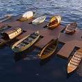 Various Traditional Wooden Boats Moored at Wooden Dock on Calm Water