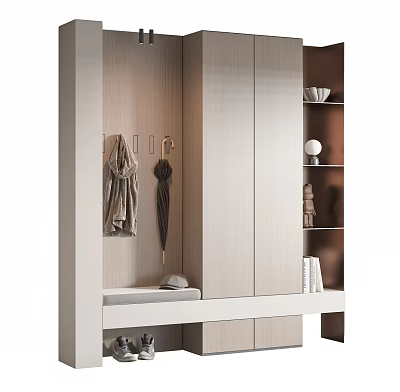 Modern Shoe Cabinet Design With Coat Hanger Umbrella Seating Area And Display Shelves 3d model