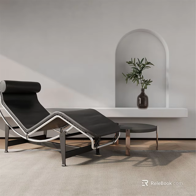 Modern Leather Chaise Lounge With Metal Frame Side Table And Potted Plant In Arched Niche 3d model 
