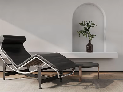 Modern Leather Chaise Lounge With Metal Frame Side Table And Potted Plant In Arched Niche 3d model