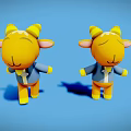Yellow Lamb Dolls Wearing Blue Coats And White Ties Against Blue Background