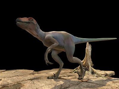 Red Headed Gray Body Reptile Dinosaur Standing On Rocky Ground With Tree Stump 3d model