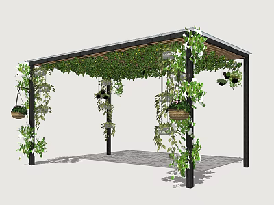 Garden Pergola With Metal Frame Climbing Plants On Top And Hanging Potted Plants 3d model