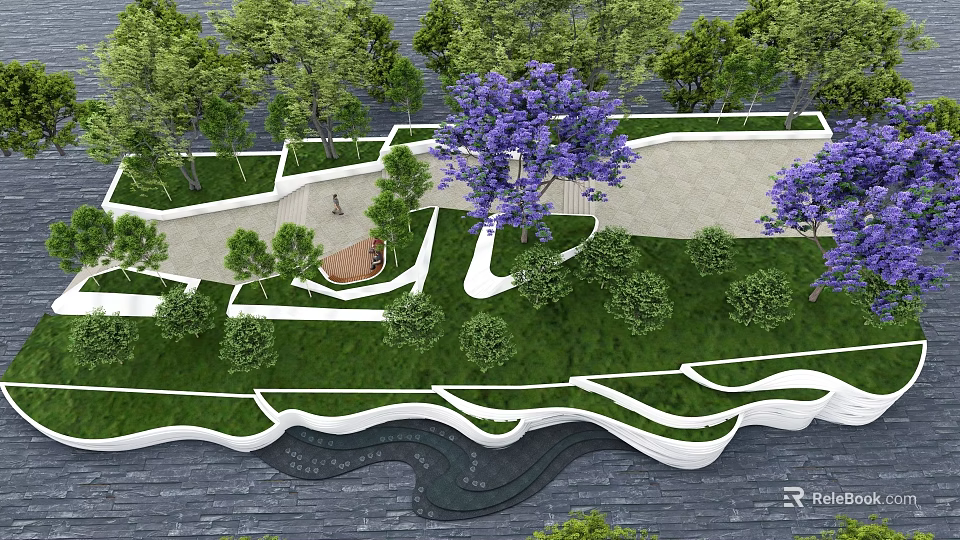 Tree Pit Landscape Design With Green Vegetation And Purple Flowering Trees 3d model 