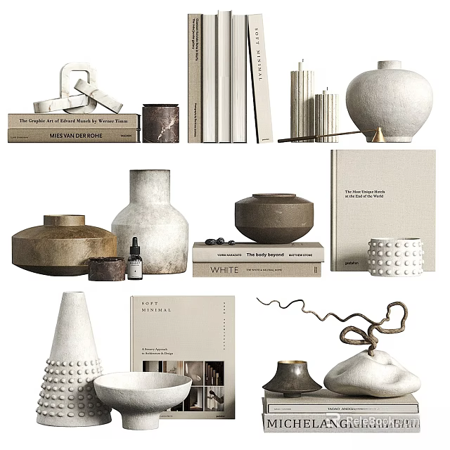 Modern Minimalist Decorative Ornament Set With Ceramic Vases Books Candle Holders And Metal Sculptures 3d model 