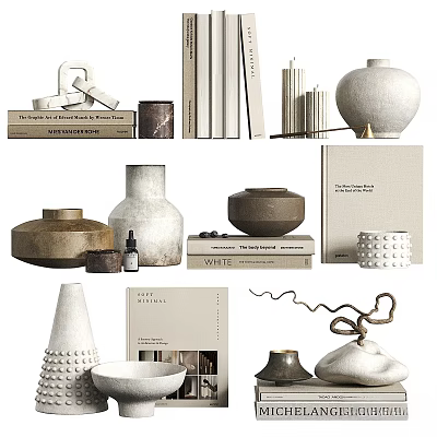 Modern Minimalist Decorative Ornament Set With Ceramic Vases Books Candle Holders And Metal Sculptures 3d model