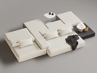 Modern Upholstered White Sectional Sofa With Soft Cushions Side Table And Throw Blanket 3d model