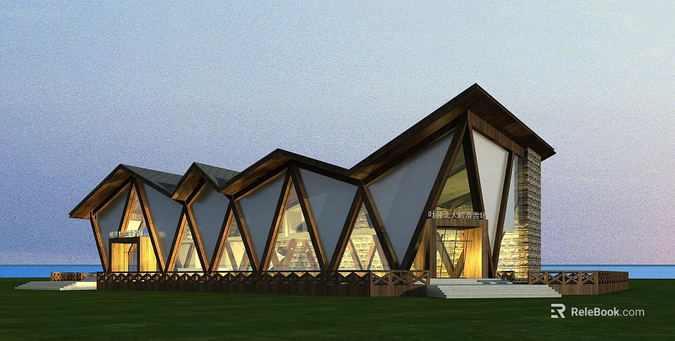 Modern Stadium Building With Geometric Roof Glass Facade And Evening Lighting 3d model 