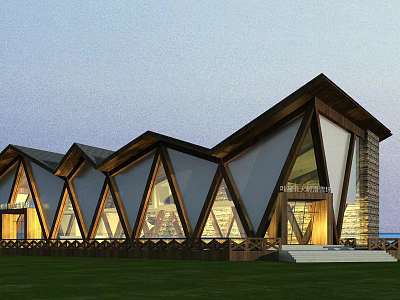 Modern Stadium Building With Geometric Roof Glass Facade And Evening Lighting 3d model