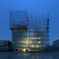 Modern High Rise Office Building With Glass Curtain Wall Metal Stripes Lighting And Trees