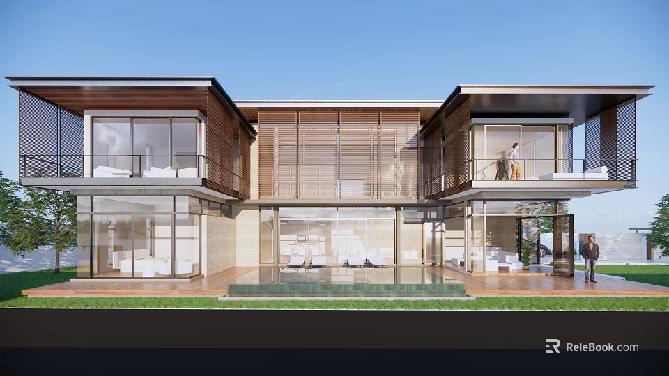 Modern Detached Villa With Large Glass Windows Wooden Elements Balcony Swimming Pool And Lawn 3d model 