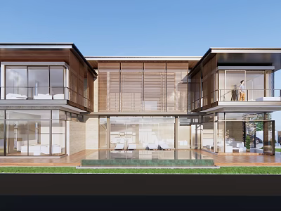 Modern Detached Villa With Large Glass Windows Wooden Elements Balcony Swimming Pool And Lawn 3d model