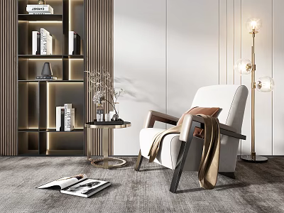 Modern Single Seater Sofa Interior With Wooden Bookshelf Side Table Floor Lamp And Rug 3d model