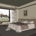 Warm Tone Bedroom With Large Window Cozy Bed Decorative Painting And Soft Rug