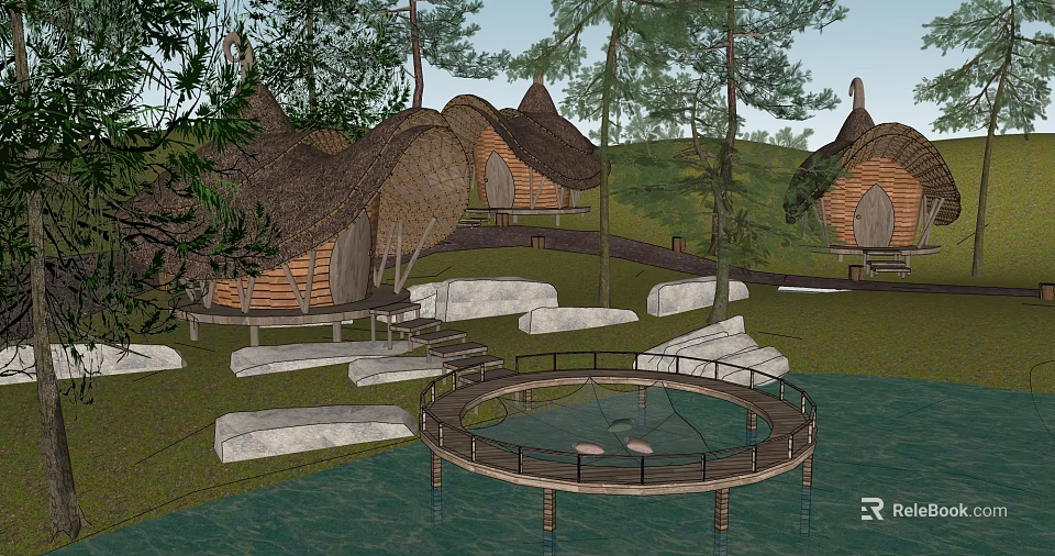 Rustic Straw Roof Guesthouse In Natural Waterfront With Trees Grass Stone Pathways And Circular Deck 3d model 