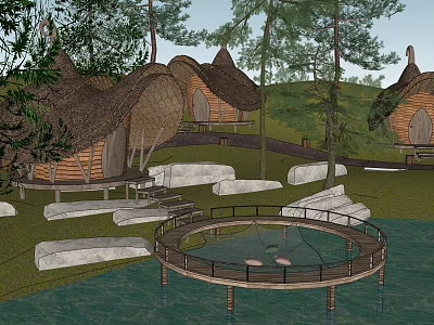 Rustic Straw Roof Guesthouse In Natural Waterfront With Trees Grass Stone Pathways And Circular Deck 3d model