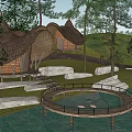 Rustic Straw Roof Guesthouse In Natural Waterfront With Trees Grass Stone Pathways And Circular Deck