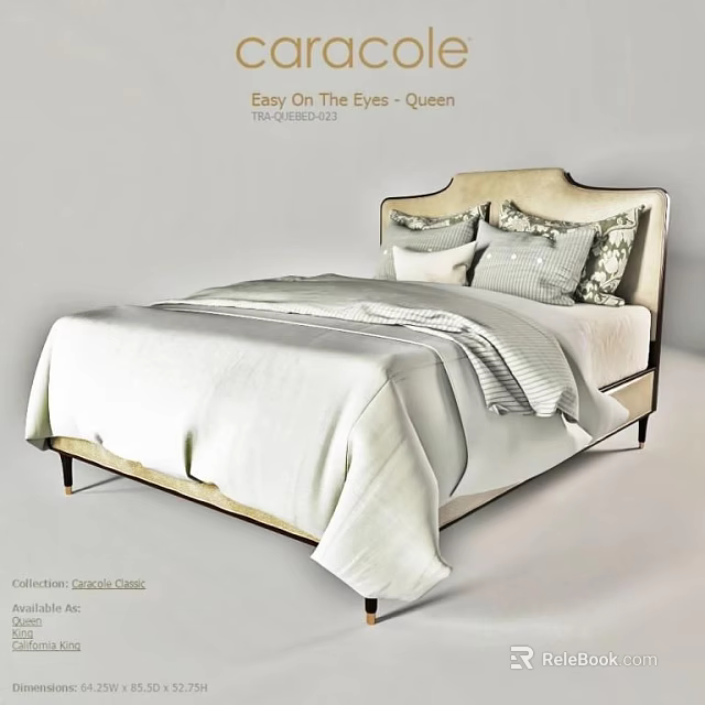 Elegant Modern Queen Bed With Upholstered Headboard Multiple Pillows And White Linens 3d model 