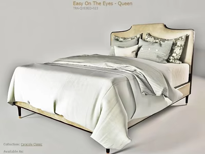 Elegant Modern Queen Bed With Upholstered Headboard Multiple Pillows And White Linens 3d model