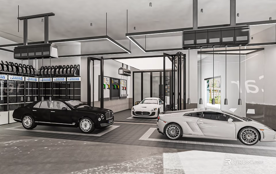 Modern 4S Auto Dealership Showroom With Luxury Cars And Glass Display Design 3d model 