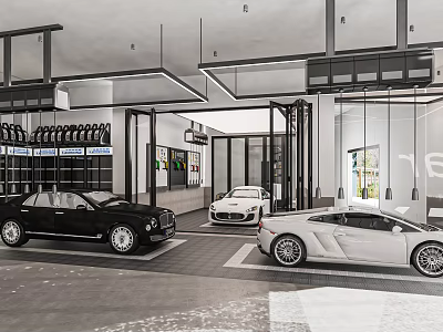 Modern 4S Auto Dealership Showroom With Luxury Cars And Glass Display Design 3d model