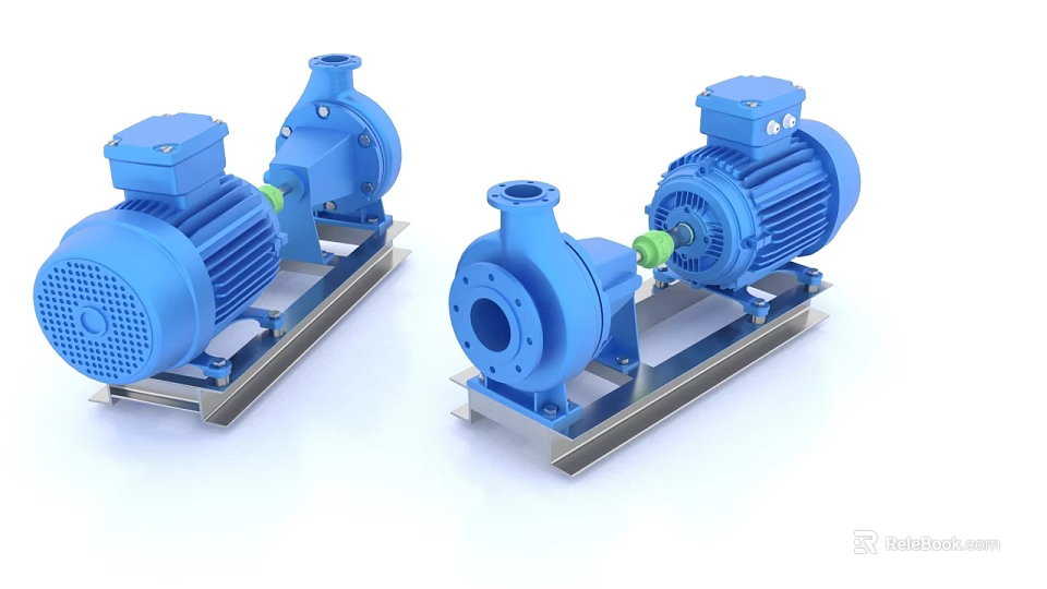 Three Blue Industrial Pumps With Electric Motors Mounted On Metal Bases 3d model 
