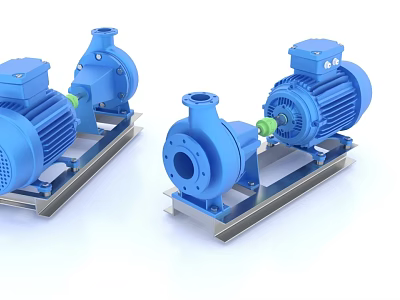 Three Blue Industrial Pumps With Electric Motors Mounted On Metal Bases 3d model