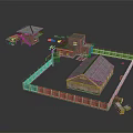 Cartoon Style Scenery With Fenced Yard Multiple Houses Different Roofs And Small Details Like Ladder